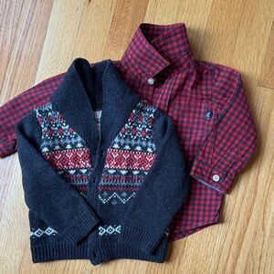 Baby B’Gosh Red Checkered Shirt and Gray Patterned Sweater Set